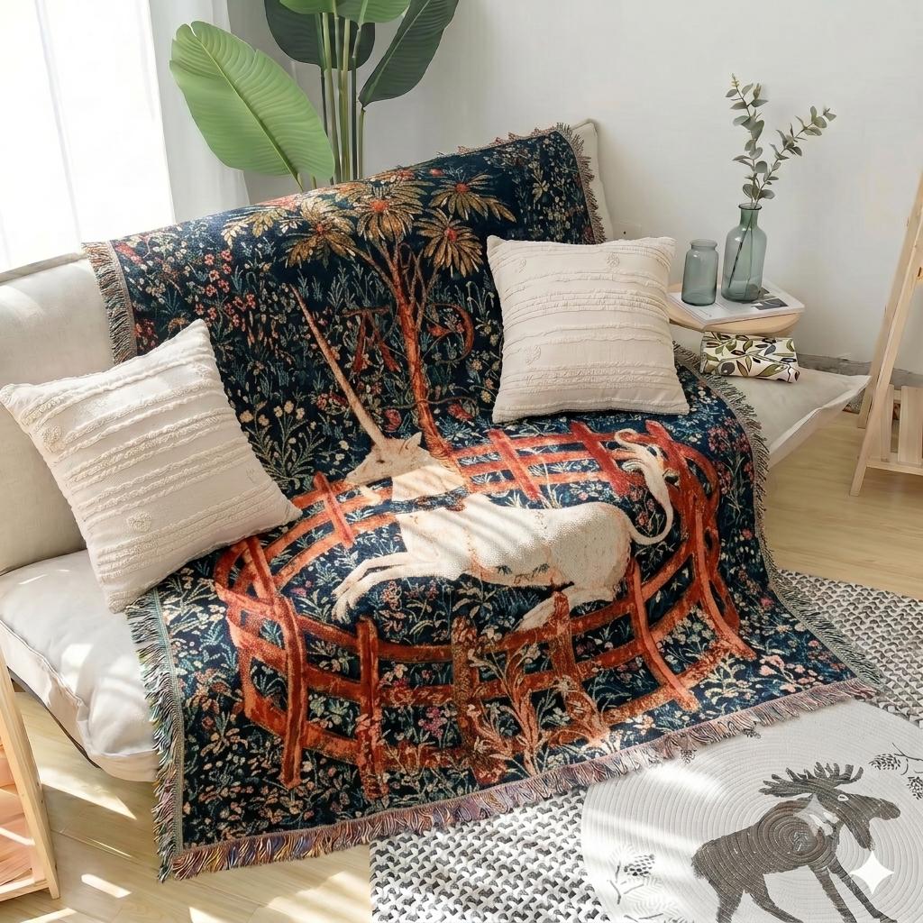 Medieval Unicorn Woven Tapestry Blanket
