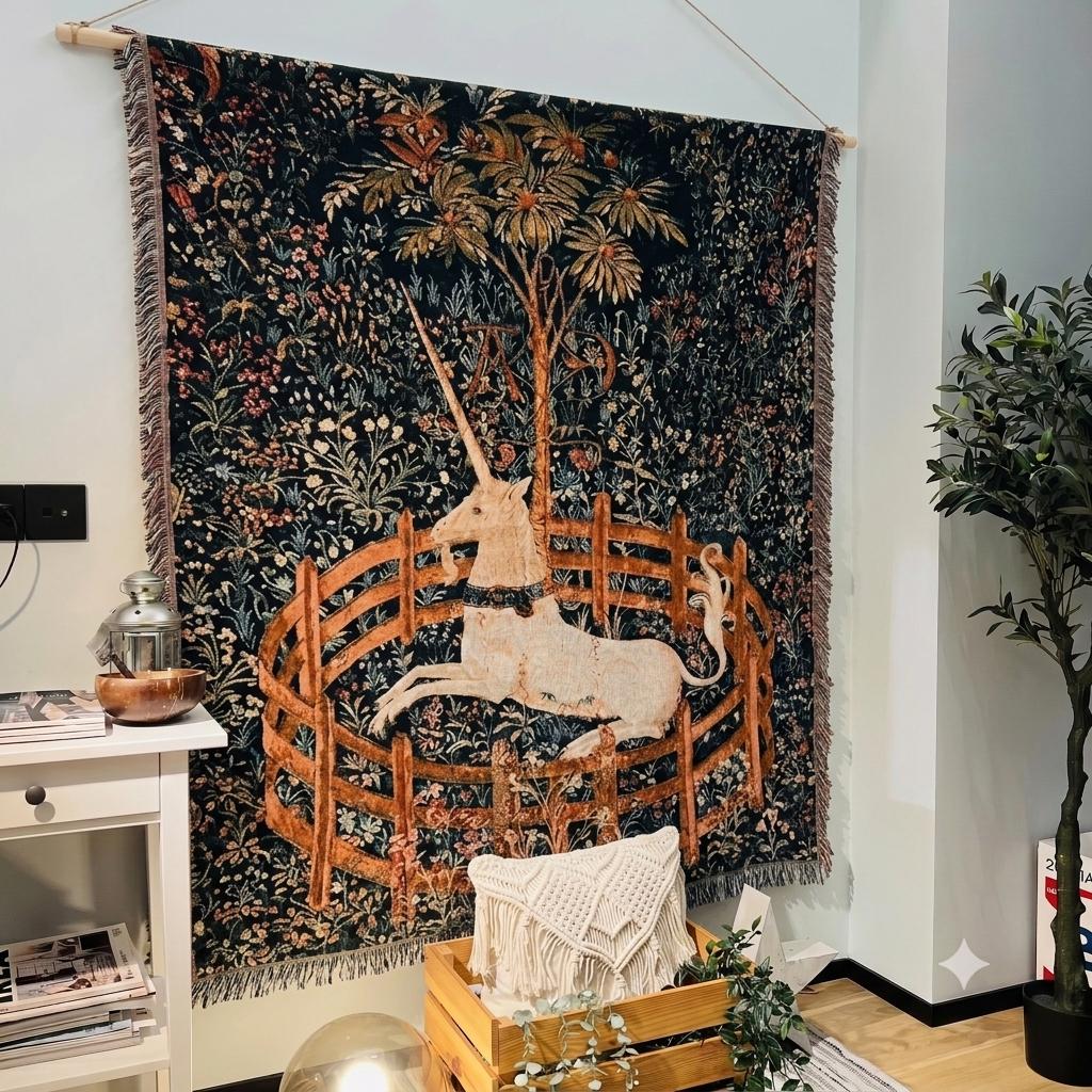 Medieval Unicorn Woven Tapestry Blanket