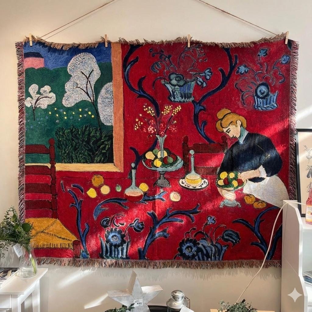 Red Dining Scene Tapestry