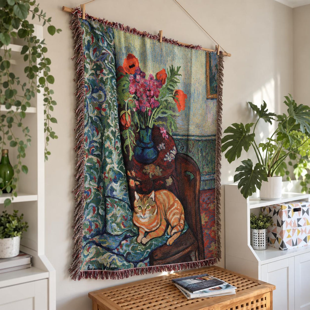 Vintage Cat Floral Woven Tapestry