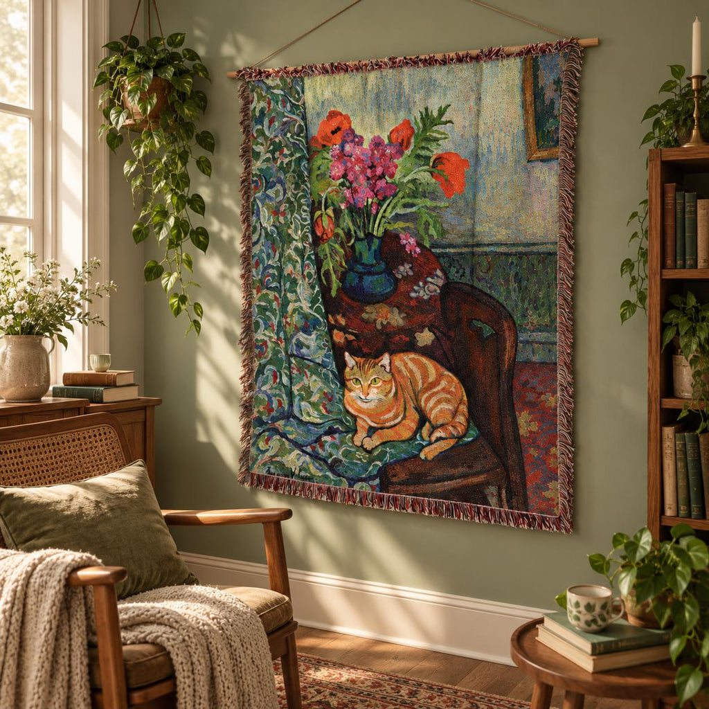 Vintage Cat Floral Woven Tapestry