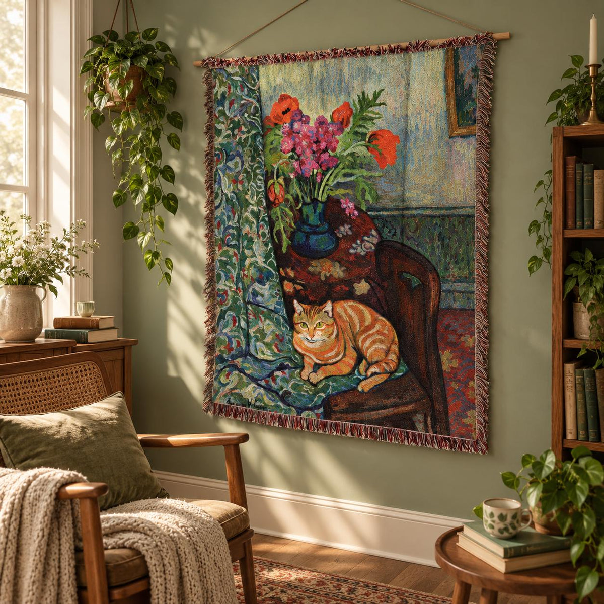 Vintage Cat Floral Woven Tapestry