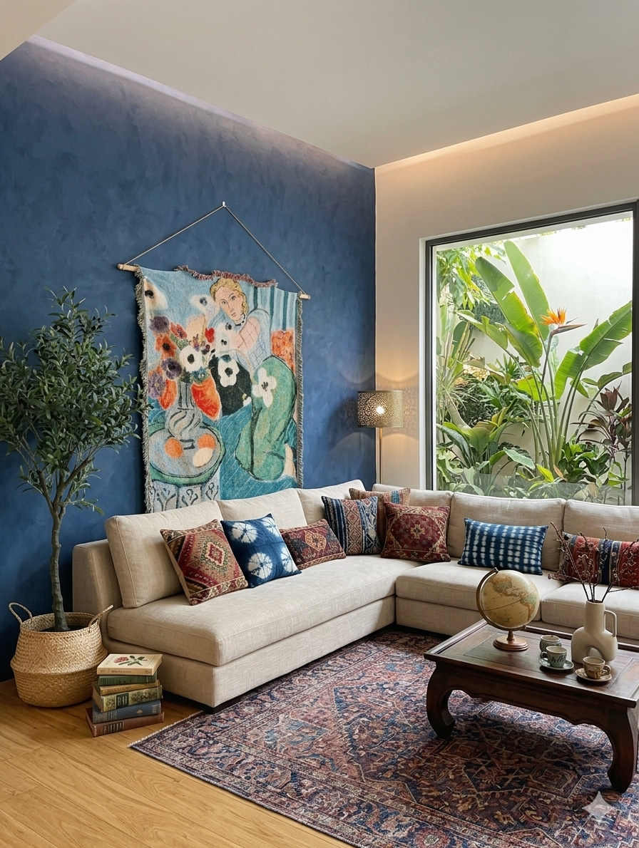 Living room with a blue wall, sectional sofa, and decorative elements.